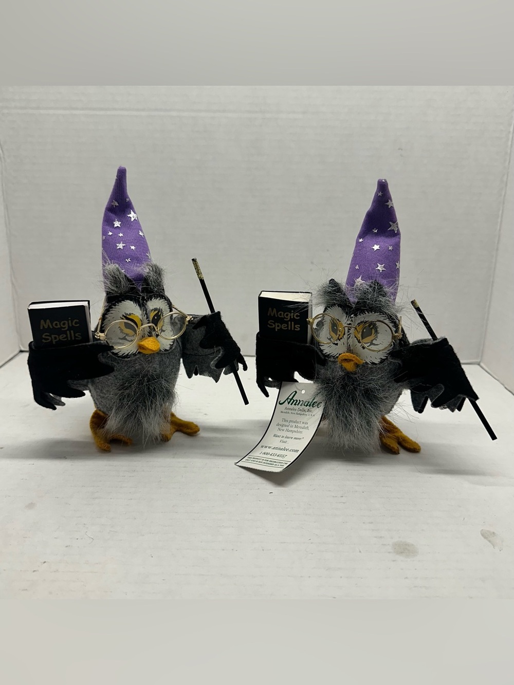 (x2) Vintage 2000s Halloween 5” Inch Posable Magic Wizard Owls By Annalee Dolls